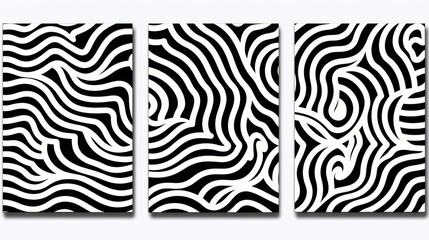 Set of 3 frame wall art with abstract black and white patterns, perfect for use in graphics