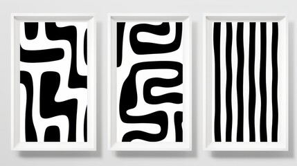 Set of 3 frame wall art with abstract black and white patterns, perfect for use in graphics