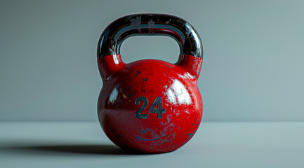 A red weight with the number 24 on it. The weight is old and worn, but still functional.