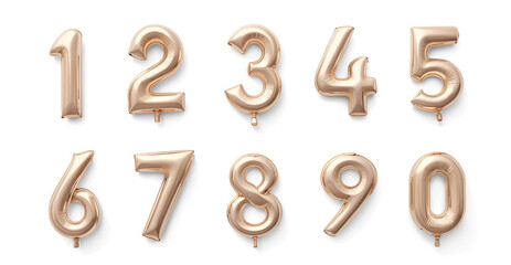 Gold Foil Balloon Numbers, 0-9: Set of Realistic Balloons isolated on Transparent Background. Collection of Shiny Air Foil Balloons for Birthdays, New Year, Anniversaries, and Festive Designs.