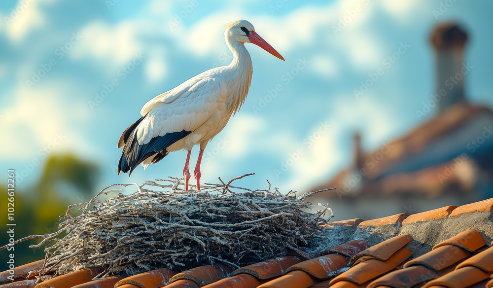 Poster a white bird is perched on a nest on a roof. the bird is looking up at something in the sky. the ima