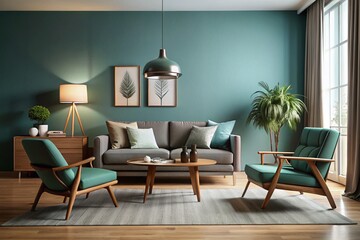 Discover a Scandinavian Mid-Century Modern living room, featuring sleek furniture and vibrant teal accents that create a stylish, inviting atmosphere