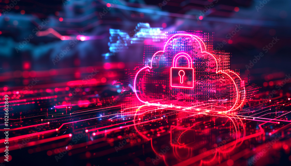 Poster a red and blue image of a cloud with a key on it. the image is abstract and has a futuristic feel to