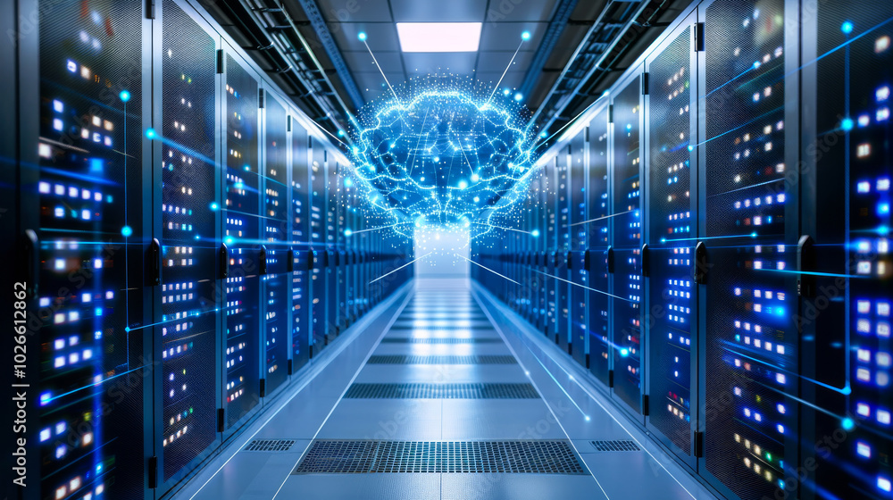 Poster a computer server room with a large blue brain on the wall. the room is filled with rows of servers 