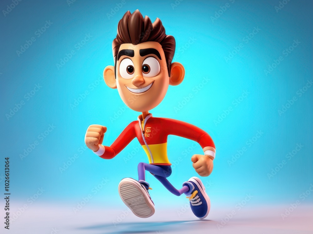 Poster a cheerful animated character running, showcasing a vibrant and dynamic design.