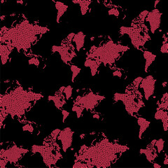 Seamless pink world map pattern. Map is made of pink flowers. Isolated on black background.