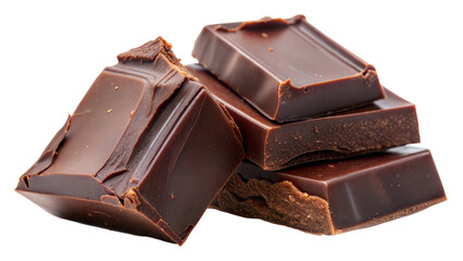 Rich dark chocolate bars stacked on a transparent or white background.