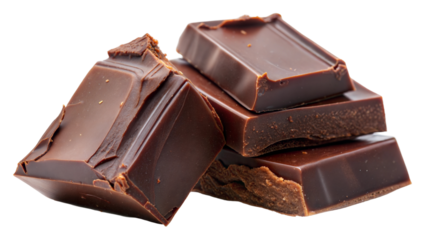 Rich dark chocolate bars stacked on a transparent or white background.