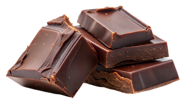Rich dark chocolate bars stacked on a transparent or white background.