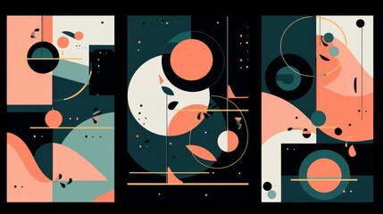 Set of three  frame wall art geometric shapes in irregular block colors, designed in a vintage style.  