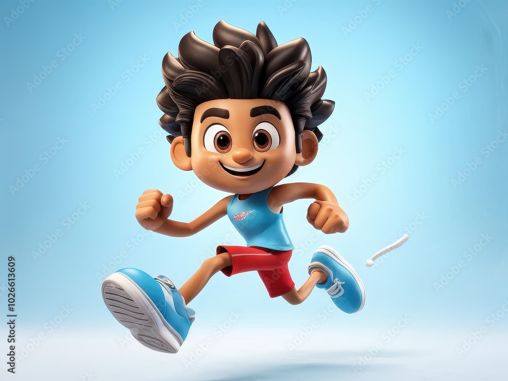 Poster a cheerful animated character running energetically in sports attire.