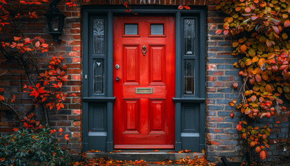 Obraz premium A red door with a black trim sits in front of a brick building. The door is open and the leaves on the vines are orange.