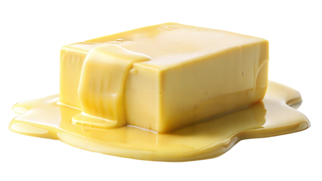 Butter block with melted texture on transparent or white background.