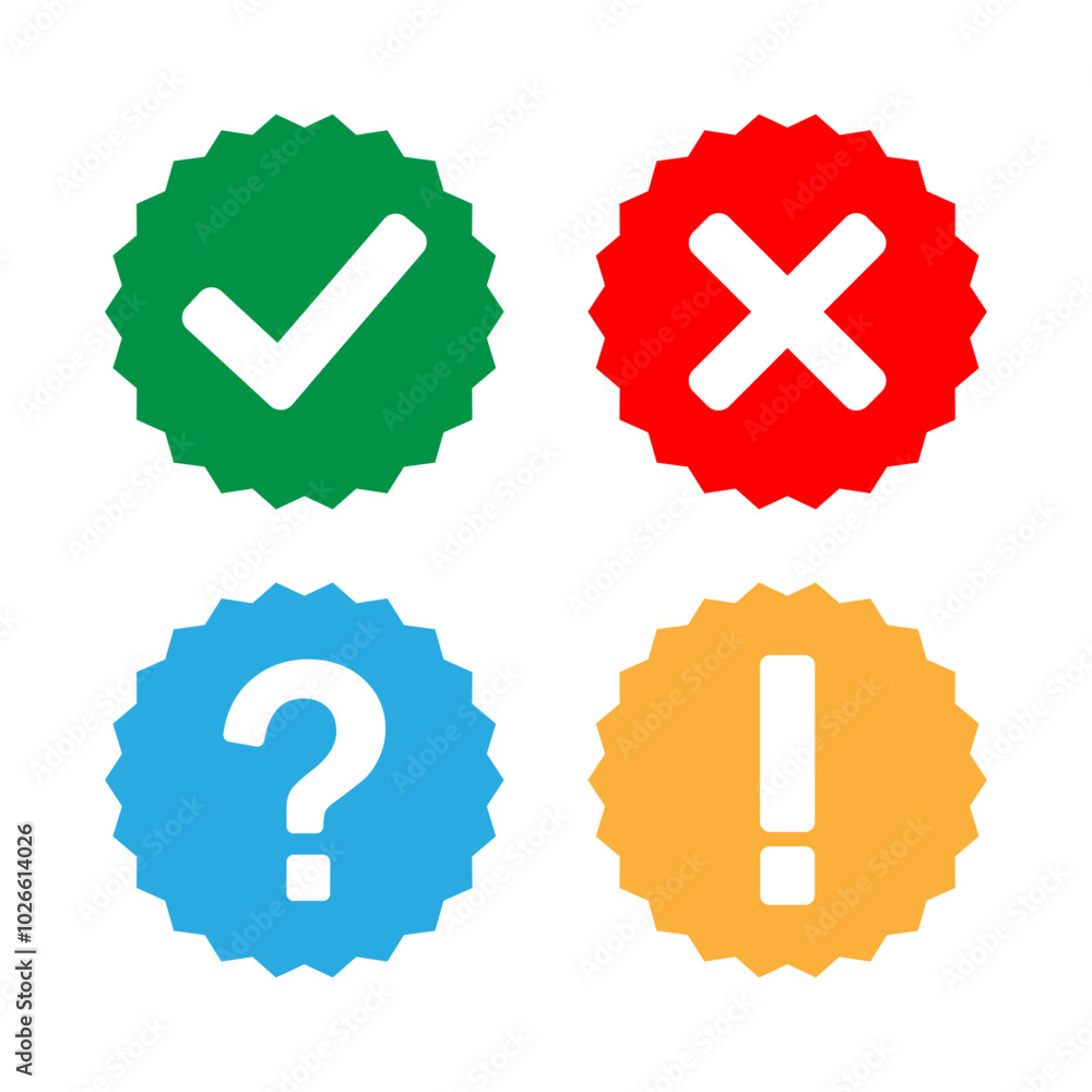 Poster right, wrong, question mark and exclamation symbol icon set in zig-zag circle in colored style vecto