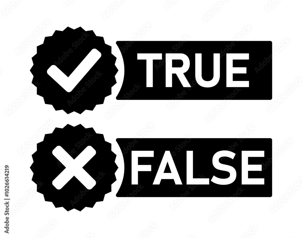 Aufkleber true and false choice label with tick and cross, right and wrong mark symbol in black and white colo