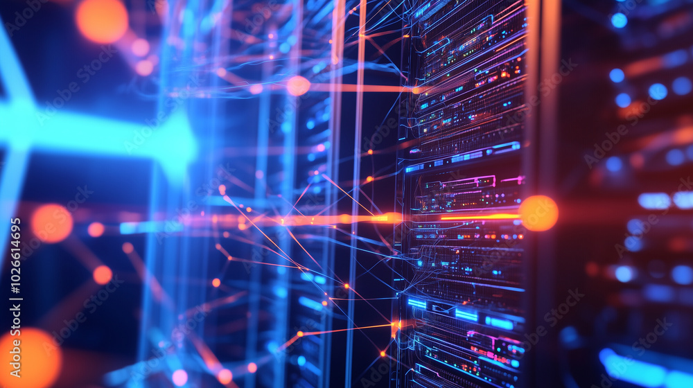 Poster A close-up view of a futuristic data center with interconnected networks glowing in vibrant orange and blue hues. The digital network nodes and connections form an intricate web ov