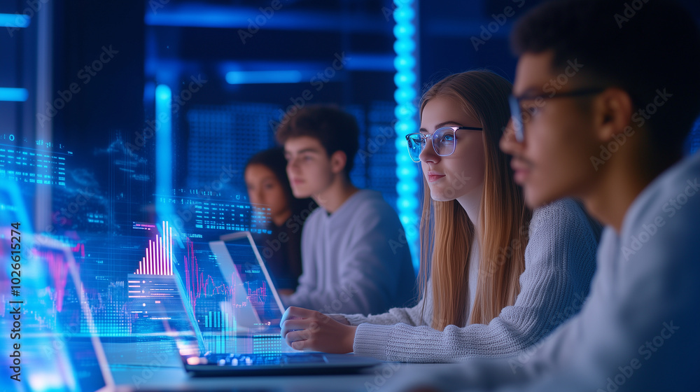 Poster a group of focused students working in a futuristic tech lab, surrounded by holographic data project