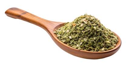 Dried oregano leaves in a wooden spoon, transparent or white background