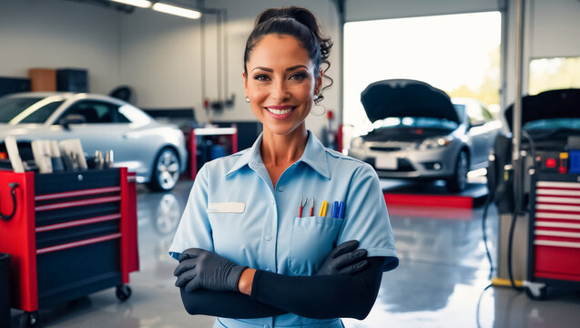Smiling female auto mechanic portrait in modern car service