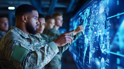 A group of military officers standing around a high-tech digital map, strategizing in a command center. The lead officer points to a location on the map as others look on attentive