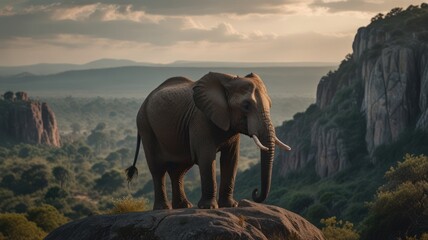 Fototapeta premium A lone elephant stands on a rocky outcropping, gazing out over a vast savanna landscape at sunset.