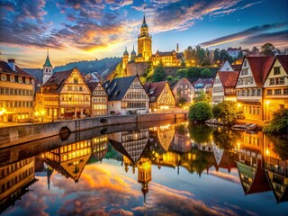 Obraz premium Double Exposure of Medieval Town Esslingen am Neckar in Germany - Captivating Historical Panorama
