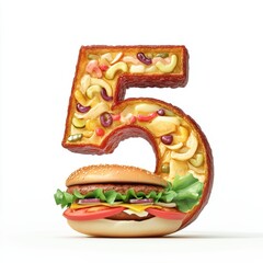 3D number 5 with burger texture realistic modern design, soft lighting, white background 