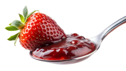 Strawberry on spoon with vibrant red jam against transparent or white background.