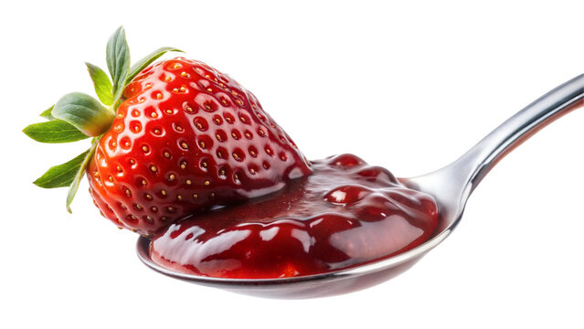 Strawberry on spoon with vibrant red jam against transparent or white background. - Powered by Adobe