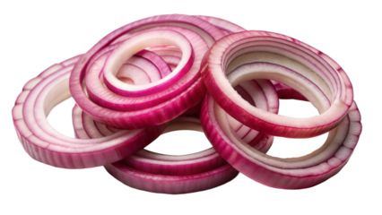 Freshly sliced red onions on a transparent or white background.