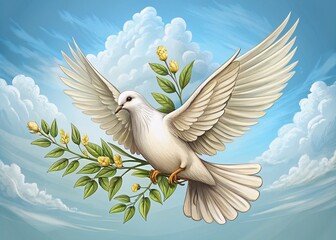 Dove of Peace Symbol with Olive Branch - Hand Drawn Pigeon Vector Illustration for Peace and Harmony Themes