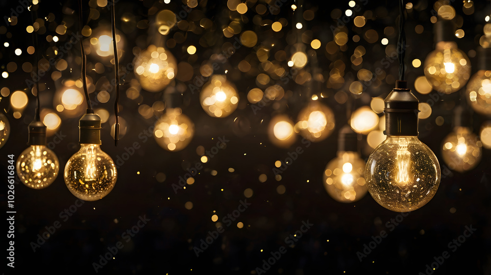 Poster twinkling lights: a mesmerizing array of incandescent light bulbs hangs against a dark backdrop, cas