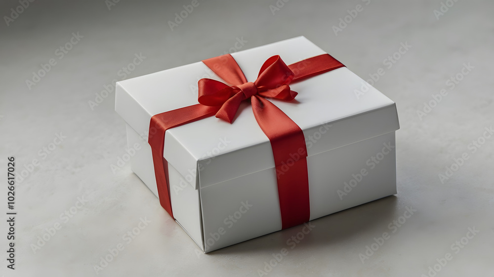 Wall mural gift box with red ribbon: a pristine white gift box adorned with a vibrant red ribbon, tied in a per