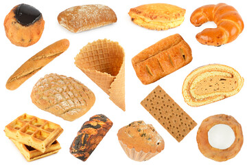 Various sweet bread products made from rye wheat isolated on white