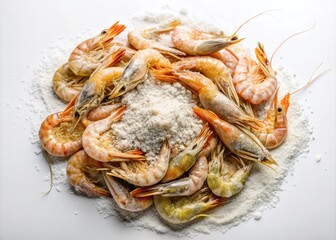 Dried Seafood White Shrimp and Shrimp Skin Powder on White Background for Culinary Use