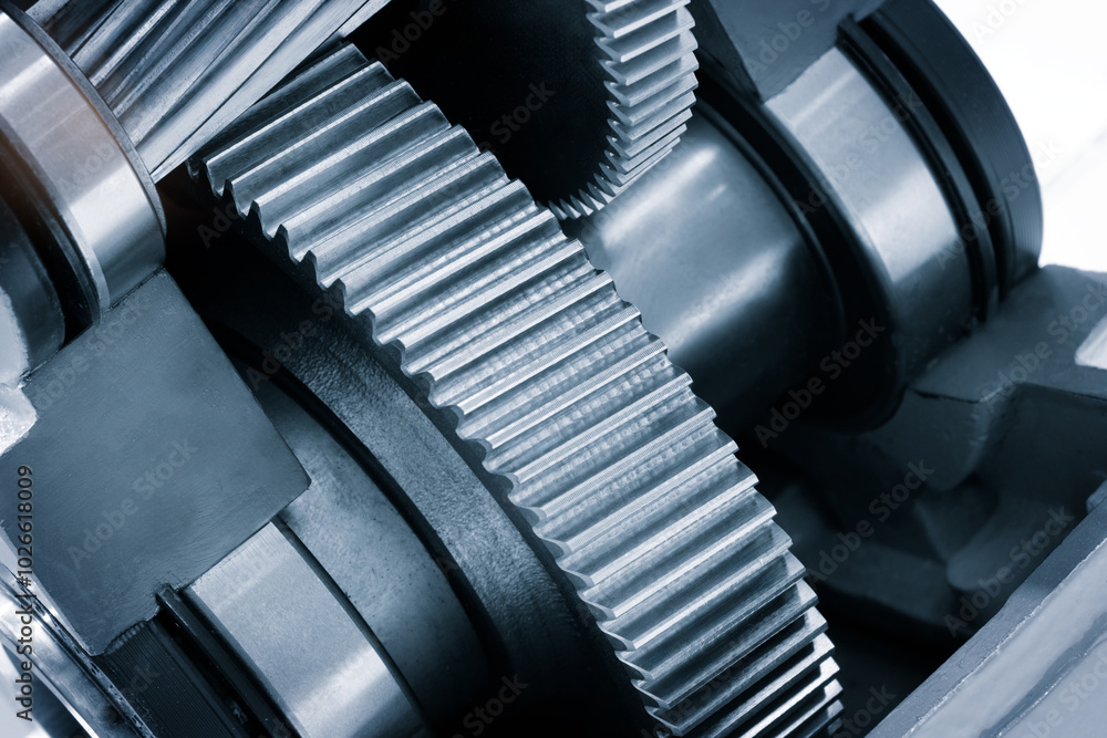 Poster a close up of a gear with many teeth. the gear is part of a machine and is made of metal in blue