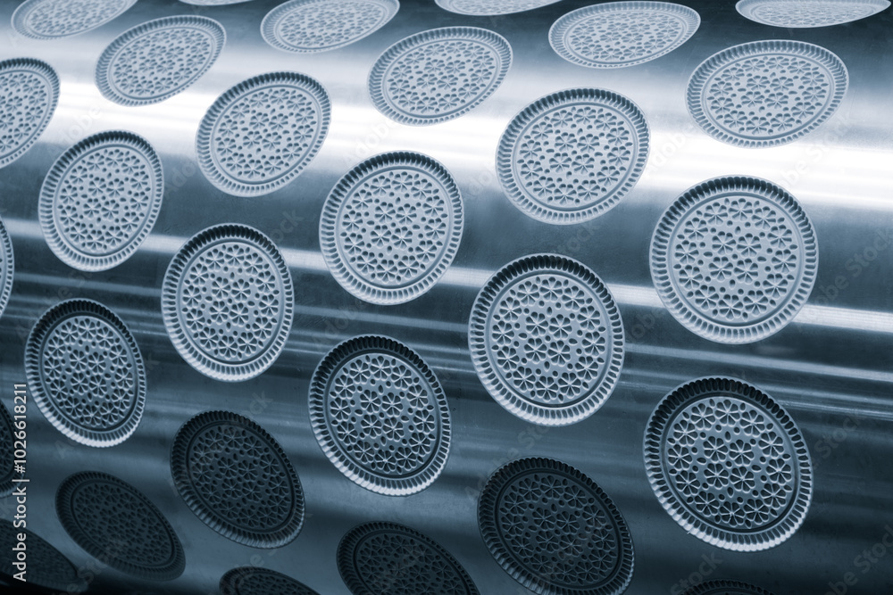 Poster A silver sheet of cookie dough with a pattern of circles on it. The circles are evenly spaced and the dough is shiny