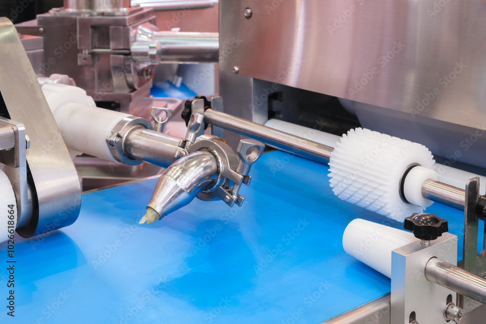 Poster A machine is making a pastry with a green frosting. The machine is in a factory. The pastry is being made in a large industrial setting
