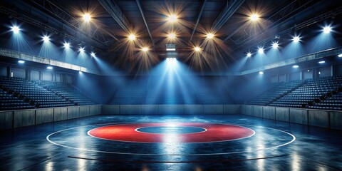 Drone Photography of Spotlit Wrestling Mat in Empty Arena for Dramatic Sports Imagery