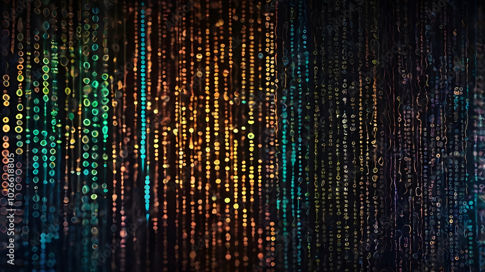 Poster digital rain: a mesmerizing cascade of colorful binary code streaks down a dark background, evoking 