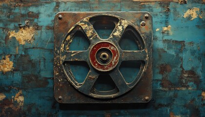 Vintage film reel against a distressed blue wall showcasing cinematic history