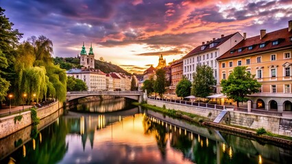 Naklejka premium Dusk in Ljubljana with Kamnik-Savinja Alps - Serene Cityscape Views