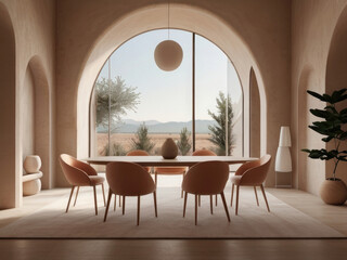 Boucle chairs at dining table in room with stucco walls and arch doorway. Minimalist interior design of modern living room