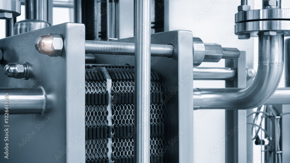 Poster dairy machine cooling radiator with a row of stainless steel metal pipes with silver trim. the pipes