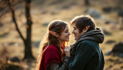Fototapeta premium Young couple of elves in love outdoor isolated with white highlights, png