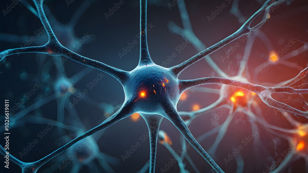 Poster the intricate web of life: a mesmerizing close-up view of a neuron, the fundamental building block o