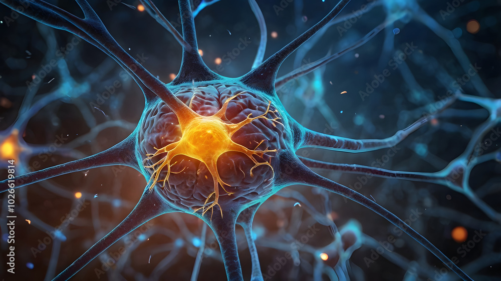 Poster neuron network: a mesmerizing, close-up 3d rendering of a neuron, showcasing its intricate network o