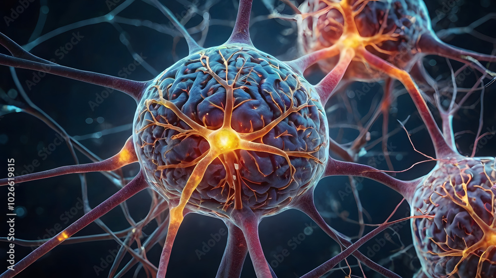 Poster neural network: a microscopic view of interconnected neurons firing with vibrant energy, showcasing 
