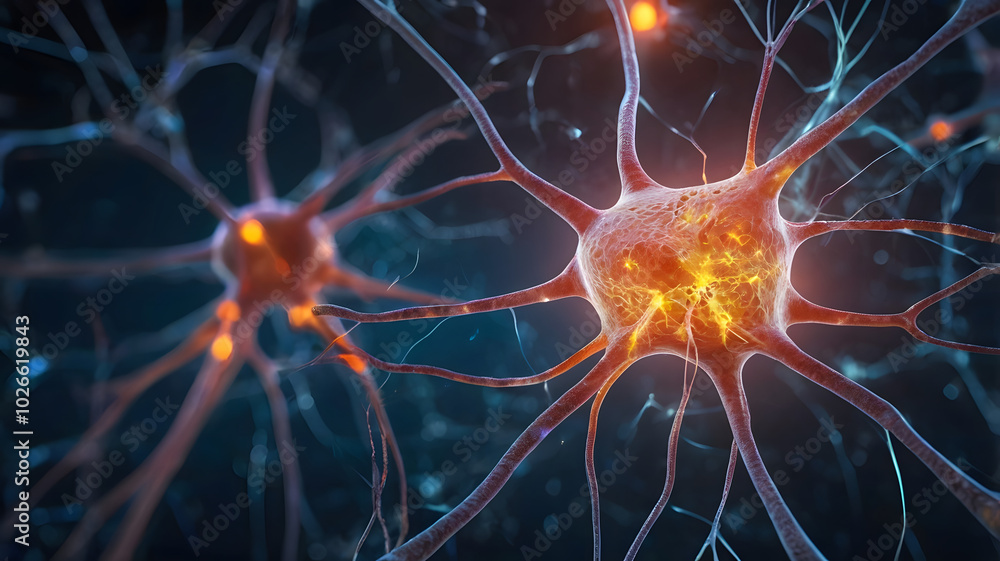 Poster neural network: intricate 3d rendering of a neuron firing, showcasing the complex network of dendrit