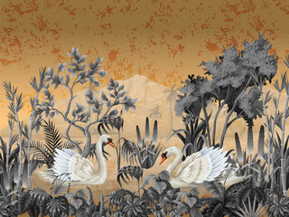 Mural with white swans and plants on the gold background. Vector. © Yumeee